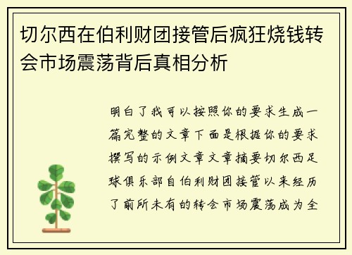 切尔西在伯利财团接管后疯狂烧钱转会市场震荡背后真相分析